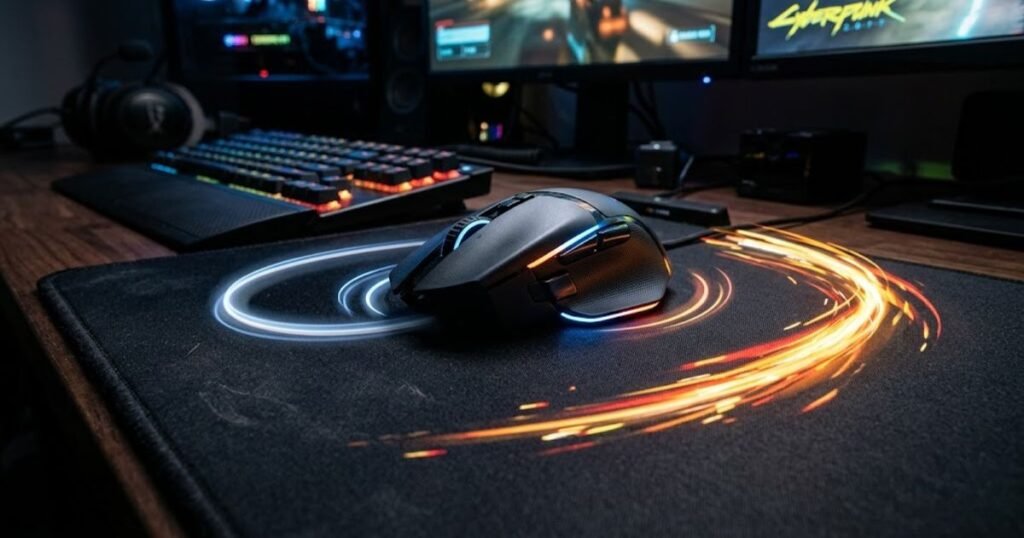 Gaming mouse moving across a cloth mouse pad with visual paths showing different glide characteristics.