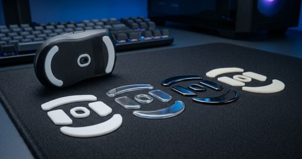Five different mouse feet materials arranged beside a gaming mouse for comparison.