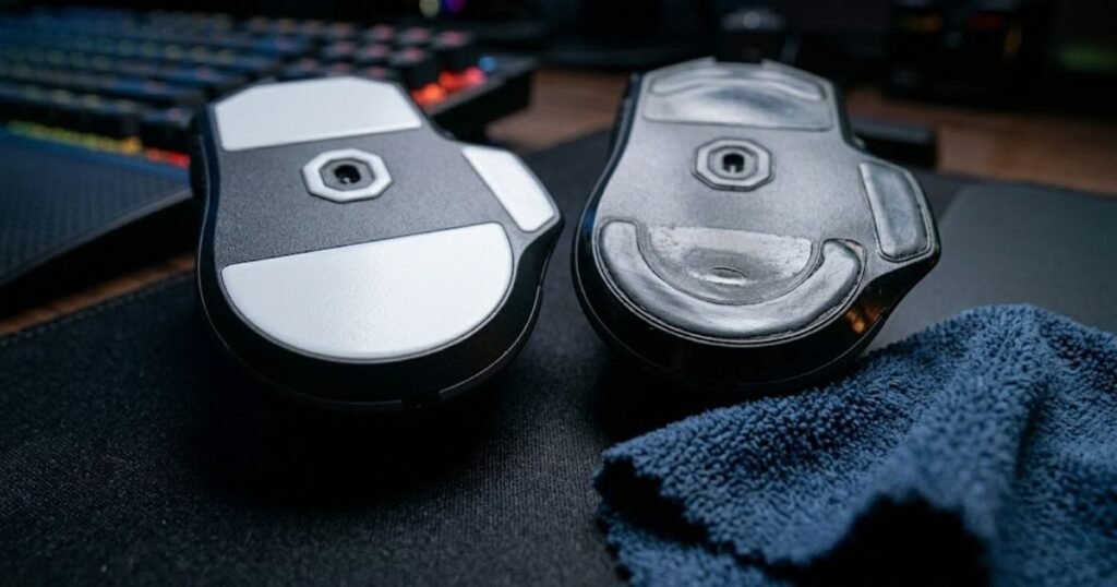 Comparison between a new PTFE mouse foot and a worn mouse foot beside a microfiber cleaning cloth.