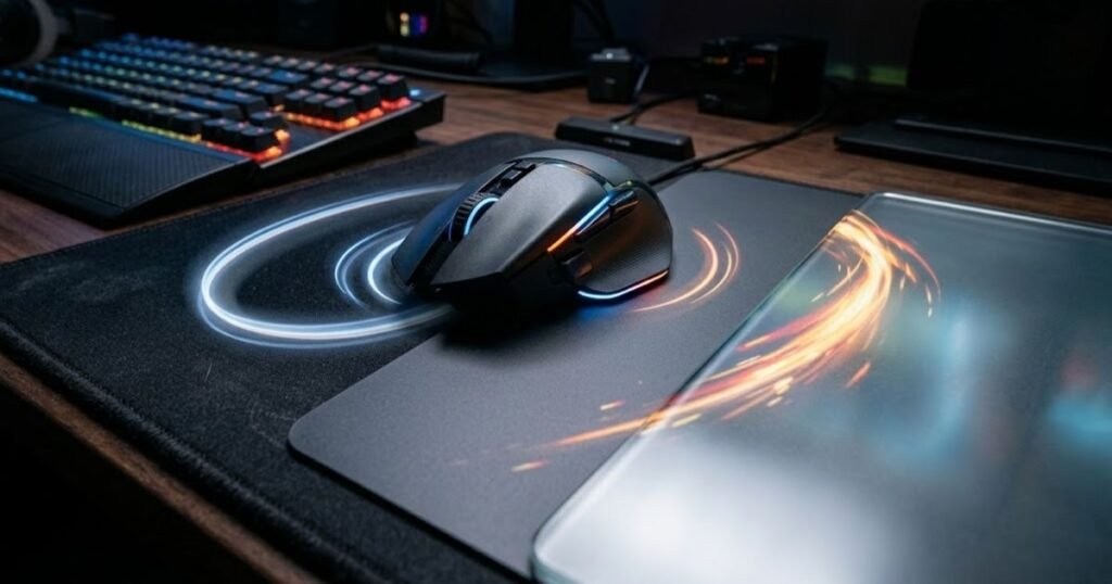 Gaming mouse moving across cloth, hard, and glass mouse pad surfaces.