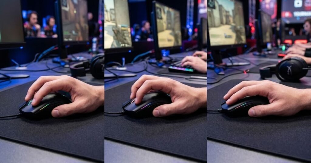 Three hands demonstrating fingertip grip, claw grip, and palm grip on gaming mice.