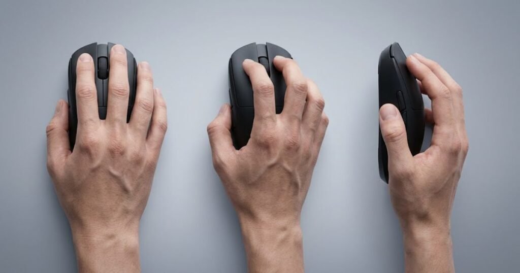Three hands demonstrating palm grip claw grip and fingertip grip on gaming mice