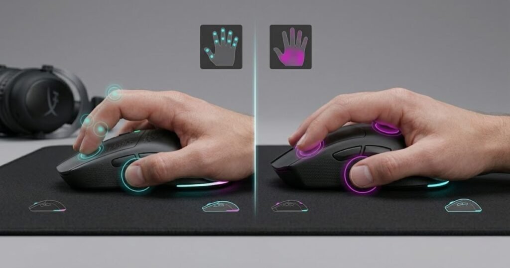 A person's hand holding two different gaming mouse shapes to demonstrate how hump height affects hand positioning and aiming mechanics