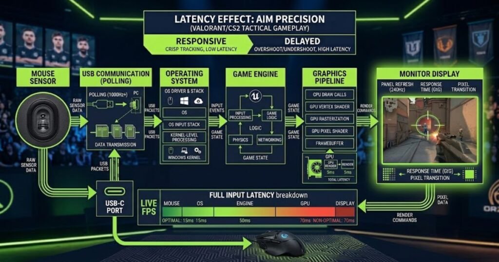 Diagram showing mouse input traveling from a gaming mouse through the PC and monitor