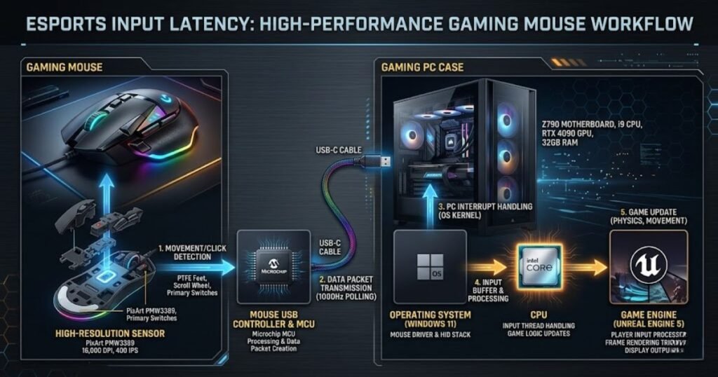 Diagram showing mouse sensor, USB controller, operating system, CPU, and game engine connected in an input processing workflow