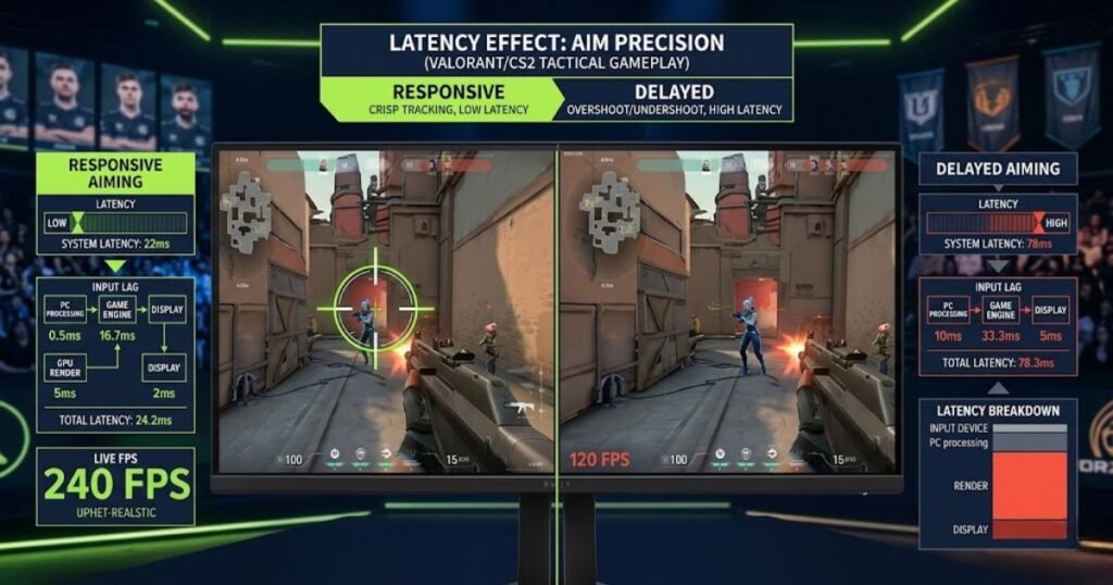 Comparison showing responsive mouse aiming and delayed crosshair movement during an FPS game