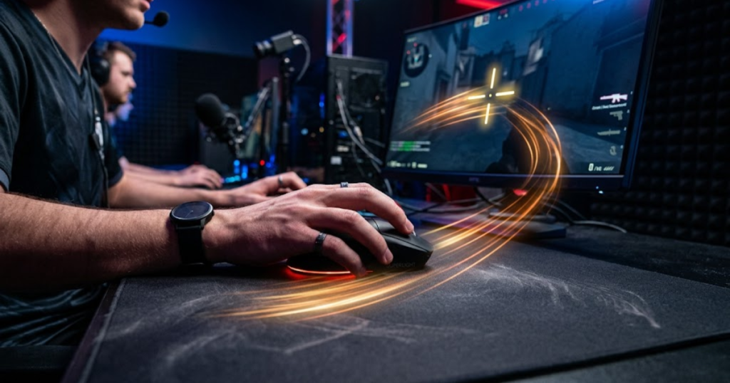 Gaming mouse moving across a mousepad while an FPS crosshair moves on a gaming monitor