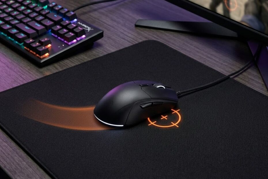 Gaming mouse stopping precisely on a cloth mouse pad during an FPS aiming movement