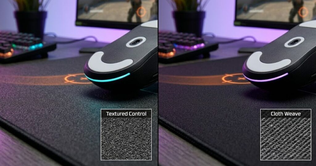 Close-up view of different cloth mouse pad textures and weave patterns