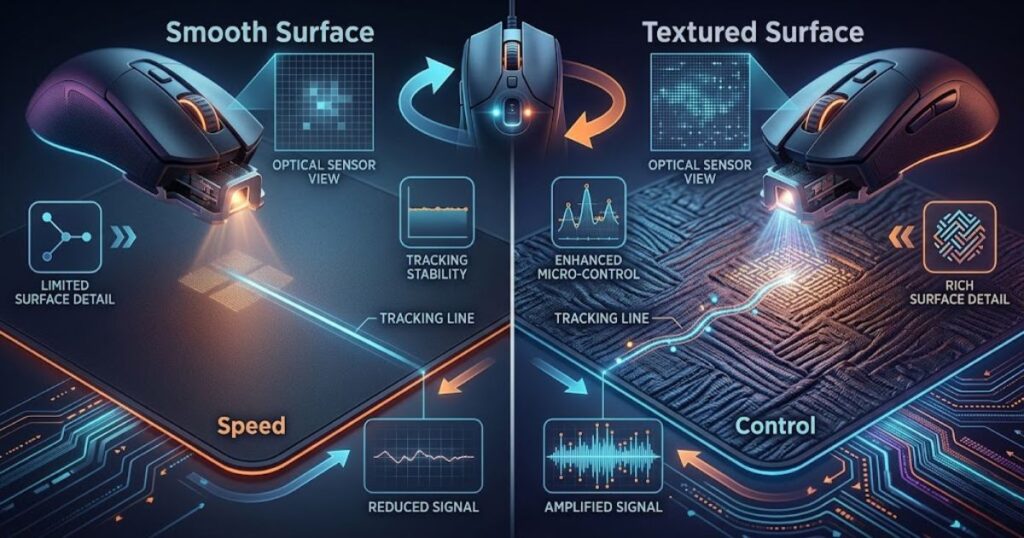 Comparison between a textured gaming mouse pad and a smooth surface being scanned by an optical sensor.