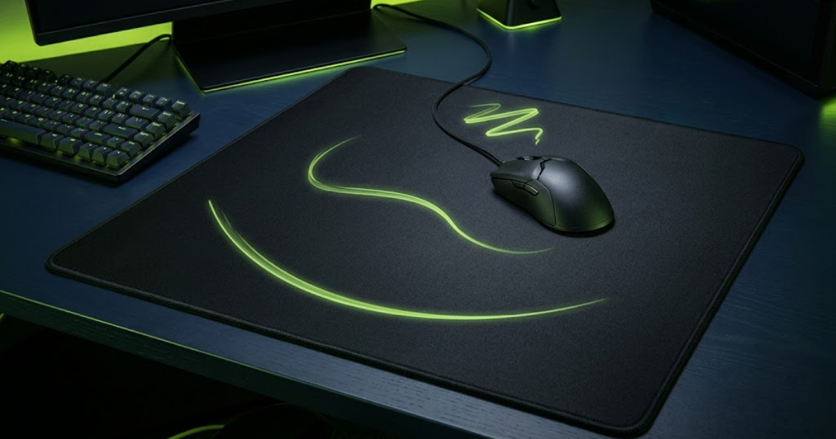 A top-down view of a gaming mouse on a large mouse pad showing short, medium, and wide movement paths for different FPS sensitivity styles.