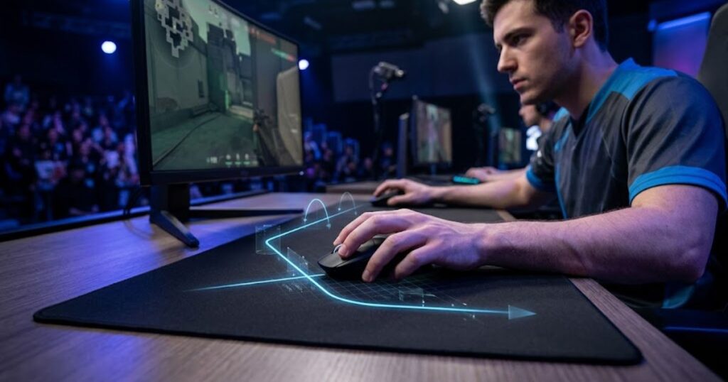 A competitive FPS player using a gaming mouse on a large mouse pad while tracking movement is visualized.