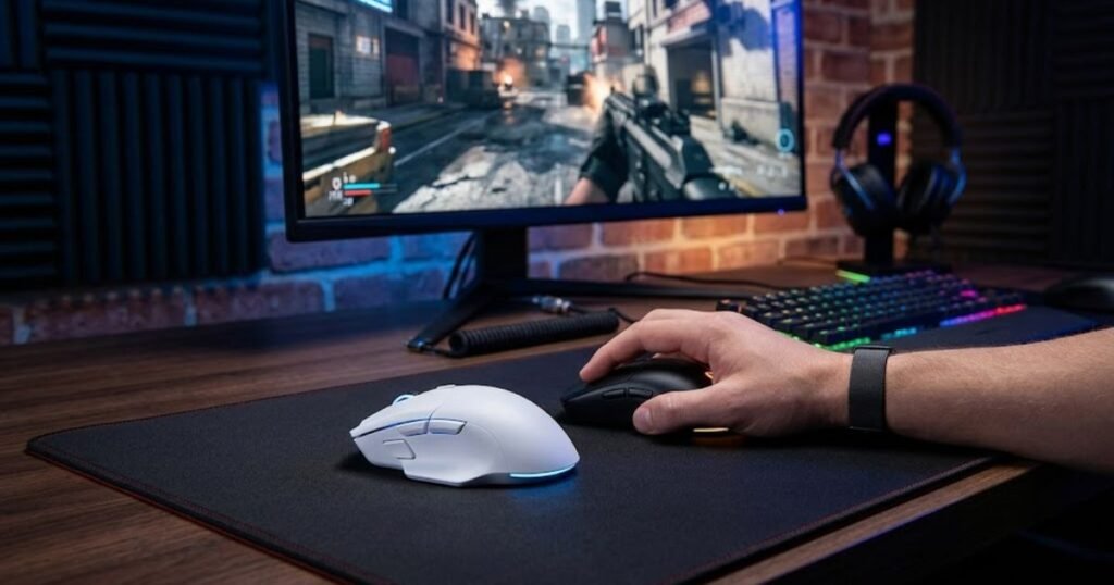 A symmetrical gaming mouse and an ergonomic gaming mouse placed beside a player's hand on a gaming mouse pad.