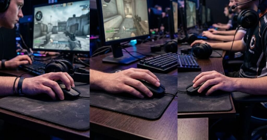 Three FPS players using claw grip, palm grip, and fingertip grip on different gaming mouse shapes