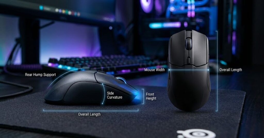 Gaming mouse diagram labeling rear hump, width, side curvature, front height, and overall length.