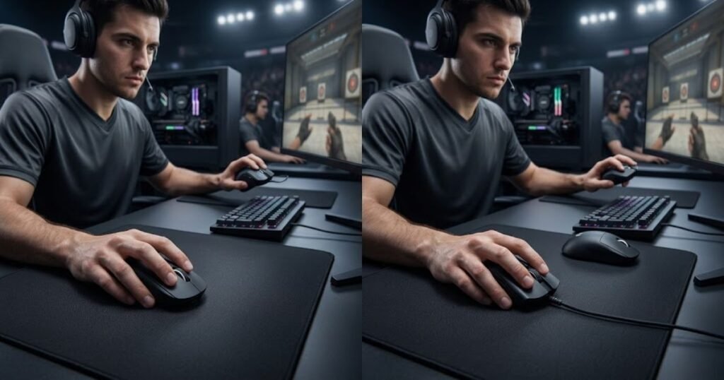A gaming player using two different mouse shapes while performing aiming movements on a large mouse pad