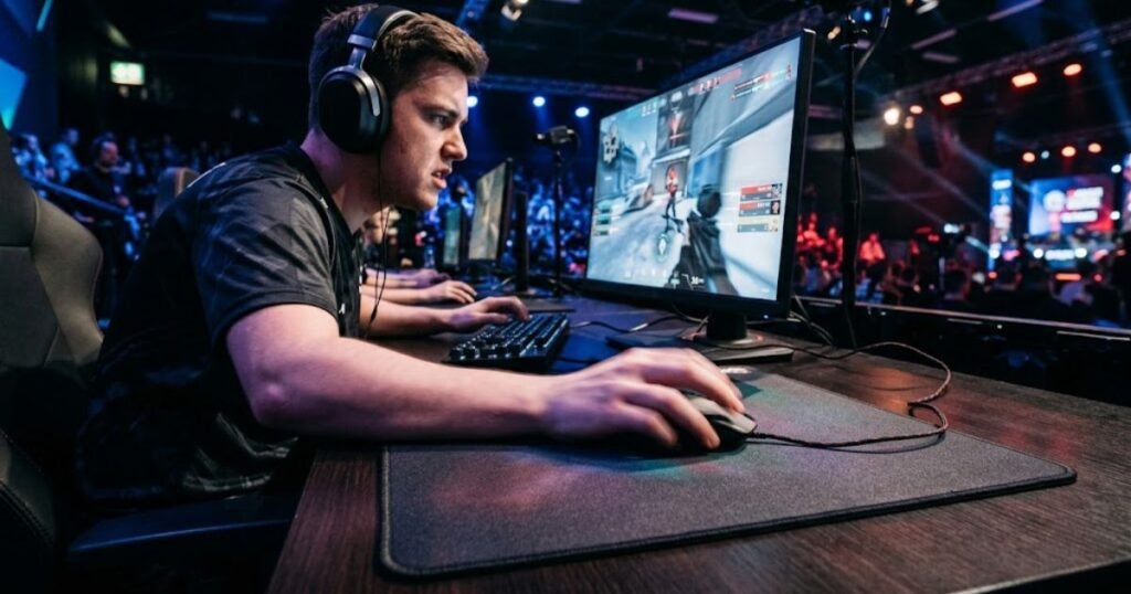 FPS gamer performing a rapid flick shot movement with a gaming mouse during competitive gameplay