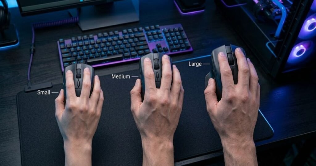 Three hands of different sizes holding gaming mice with suitable dimensions for claw grip.