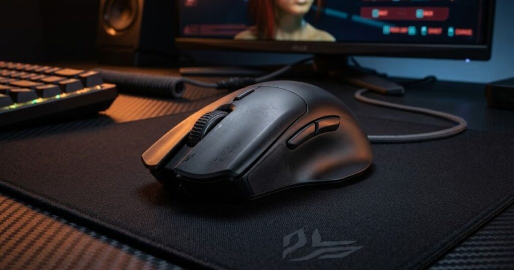 A gaming mouse with a high rear hump and ergonomic shape designed to support palm grip users