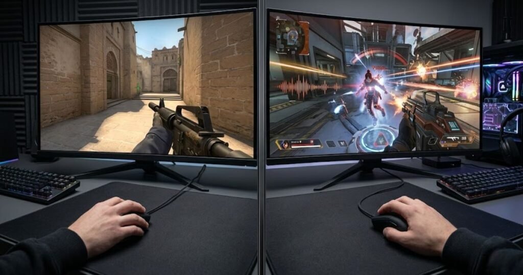 An FPS gaming setup showing tactical shooter gameplay and tracking-focused shooter gameplay