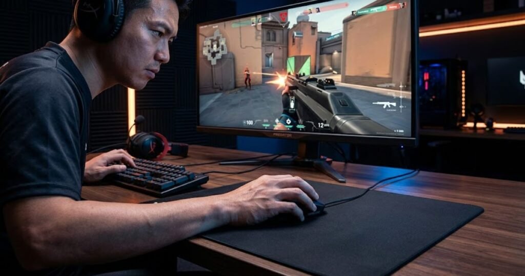 An FPS gaming setup illustrating tactical aiming and target tracking situations.
