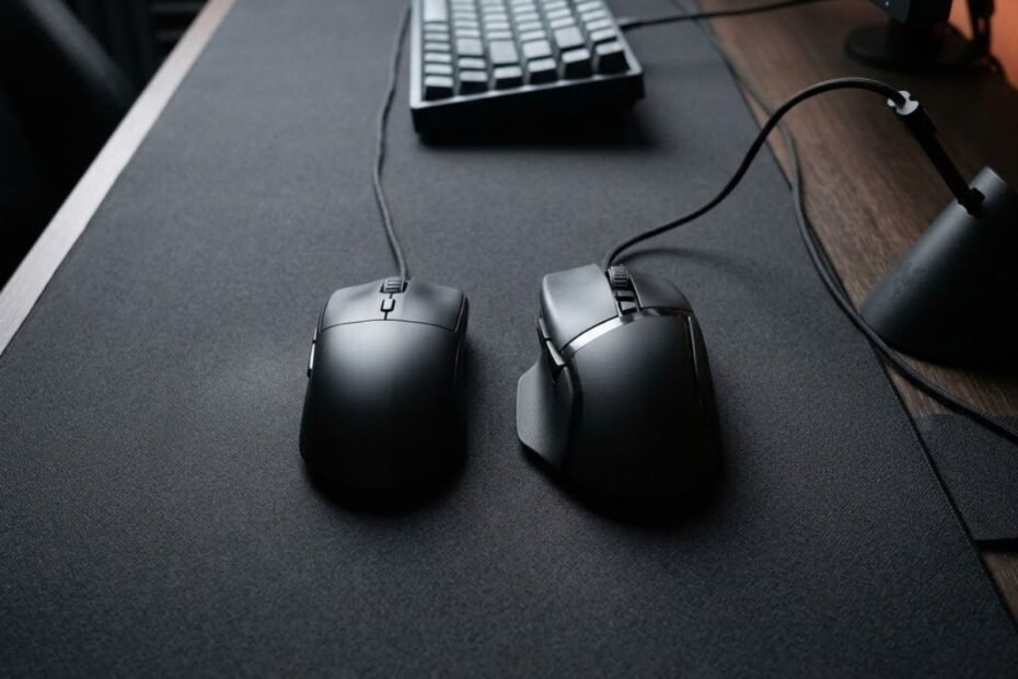 A narrow gaming mouse and a wide gaming mouse placed side by side on a gaming mouse pad showing the difference in shell width.