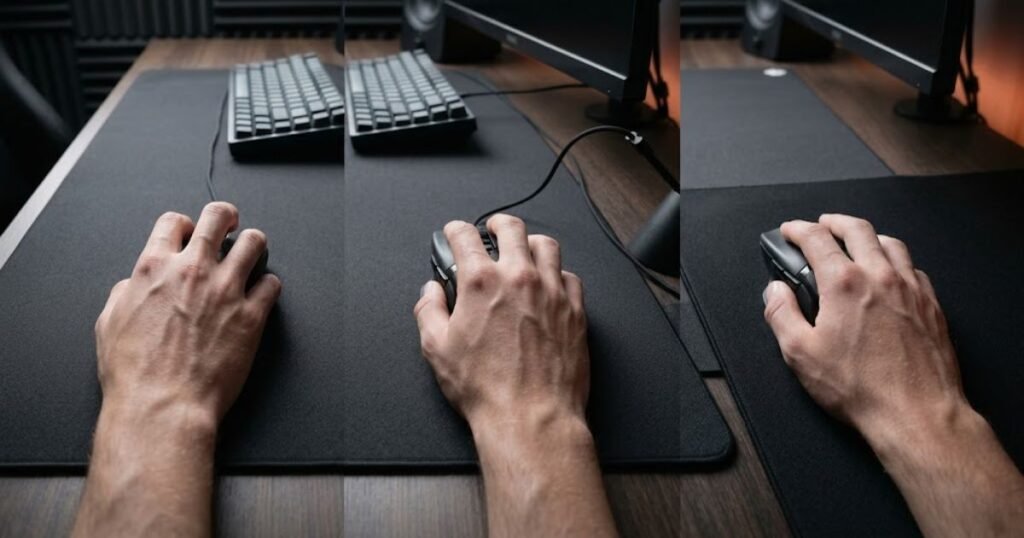 Two hands holding a narrow gaming mouse and a wide gaming mouse showing differences in finger and palm contact.