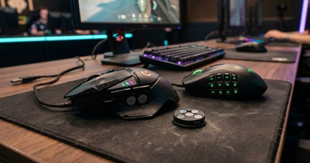 Several older gaming mice with large bodies, RGB lighting, multiple buttons, and adjustable weight systems displayed on a gaming desk.