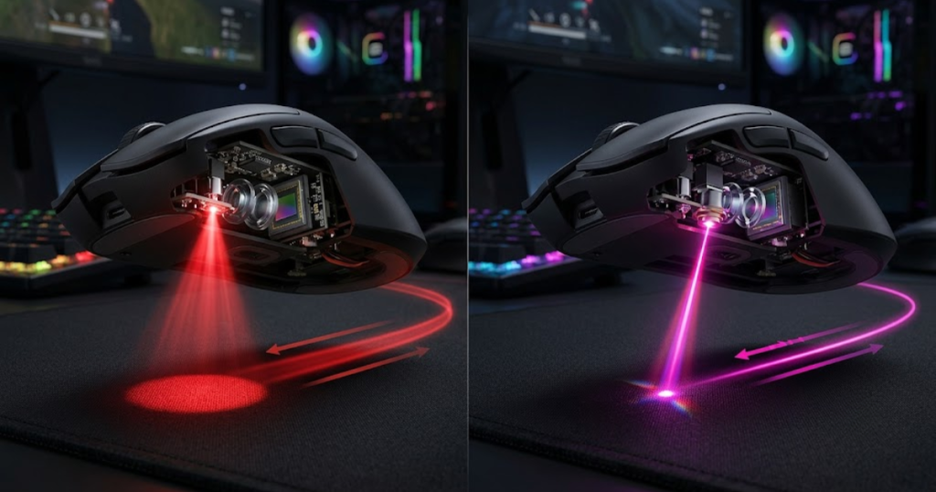 Side-by-side comparison of an optical gaming mouse sensor and a laser gaming mouse sensor tracking movement across different surfaces.