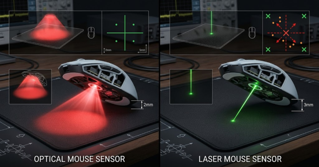 An optical sensor and laser sensor comparison showing different surface tracking behaviors