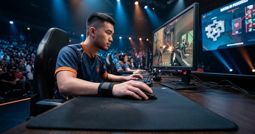 A competitive gamer using palm grip while aiming in an FPS game on a large mouse pad