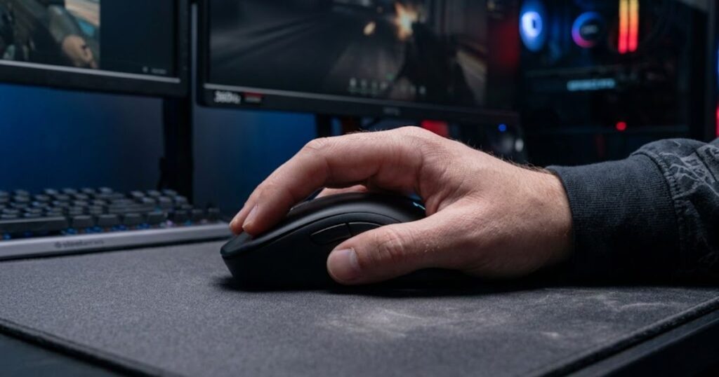A player's entire hand resting on a large ergonomic gaming mouse while aiming in a first-person shooter game.