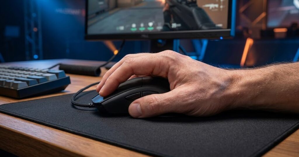 A hand resting fully on a gaming mouse showing the typical palm grip hand position
