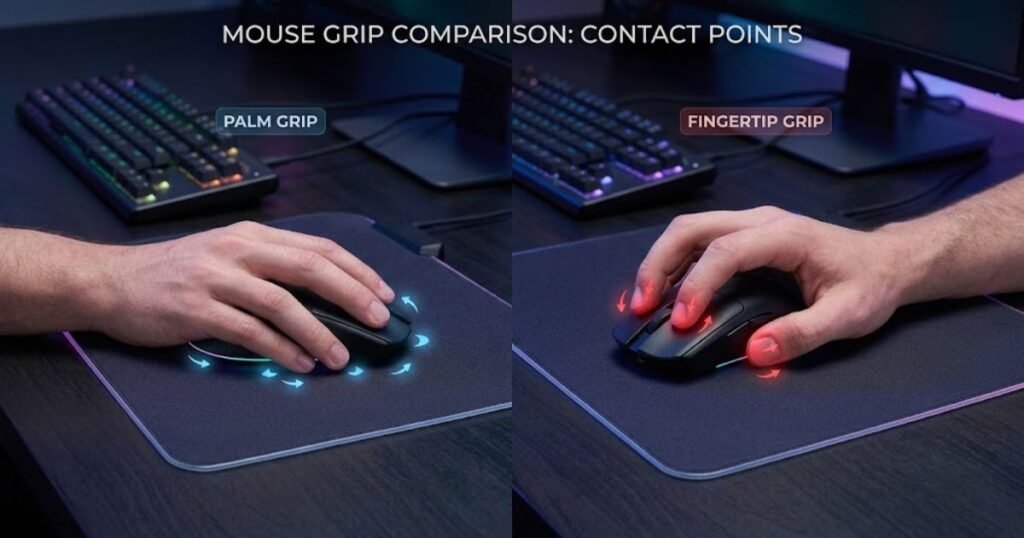 Two hands demonstrating Palm Grip and Fingertip Grip on identical gaming mice with different hand contact points.