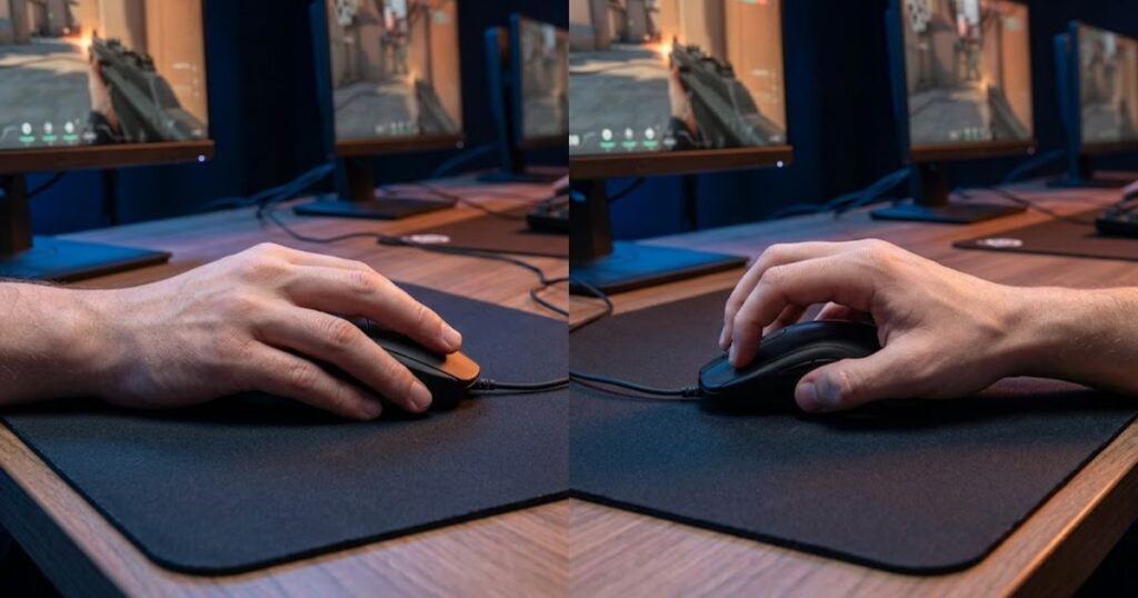Two hands demonstrating palm grip and claw grip side by side on gaming mice