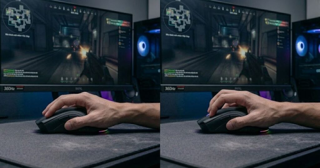 Two gaming mice displayed side by side showing palm grip hand placement and claw grip hand placement for FPS gaming.
