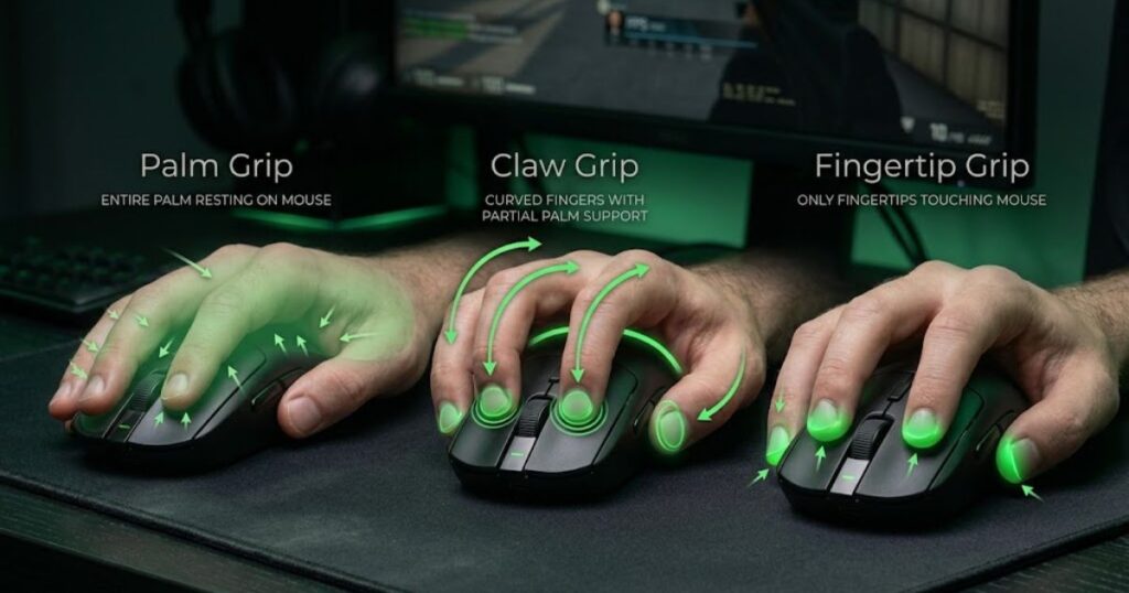 Three side-by-side gaming mice showing Palm Grip, Claw Grip, and Fingertip Grip hand positions with visible contact points.