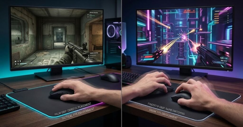 Comparison showing Palm Grip in tactical FPS gameplay and Fingertip Grip in fast-paced FPS gameplay.