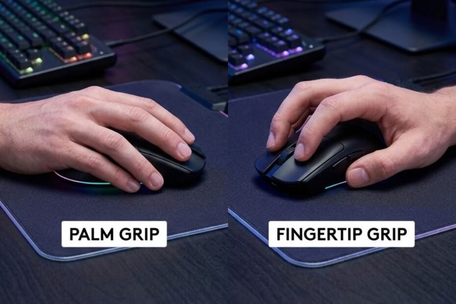 Comparison showing Palm Grip and Fingertip Grip on two gaming mice, illustrating full palm contact on the left and fingertip-only contact on the right.