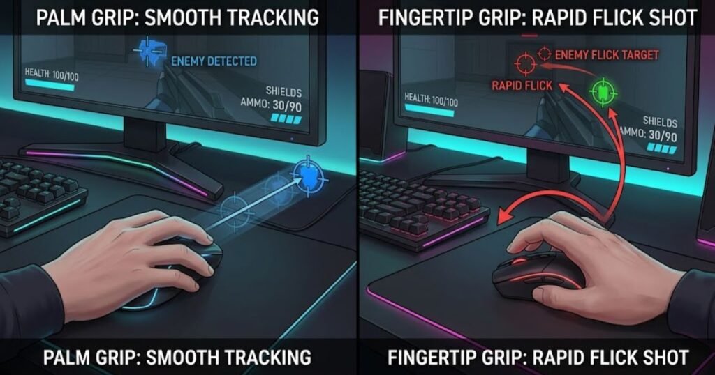 Comparison of Palm Grip for stable tracking and Fingertip Grip for rapid flick shots during FPS gameplay.