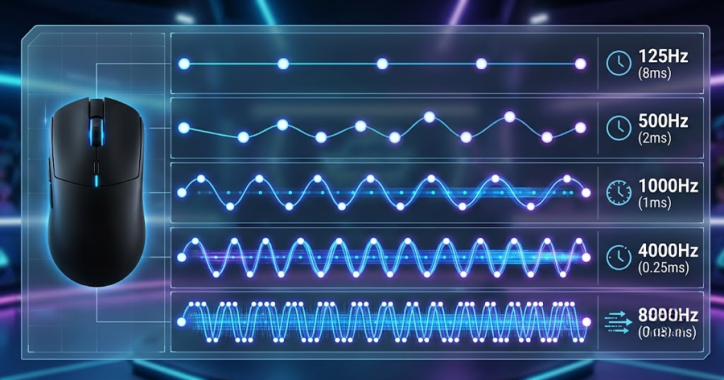 Comparison of gaming mouse polling rate levels from 125Hz to 8000Hz with visual timing intervals