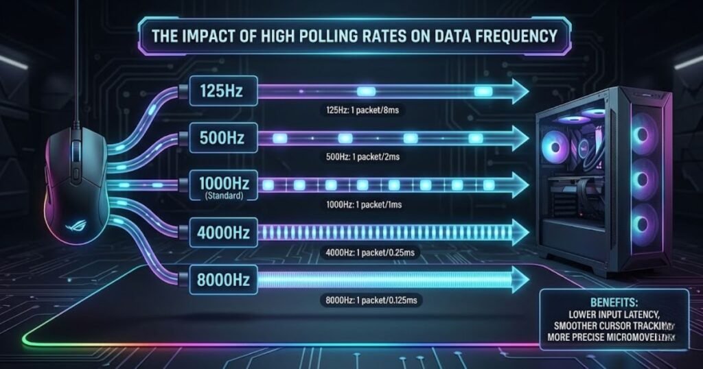 Diagram showing increasing mouse report frequency from 125Hz to 8000Hz polling rate