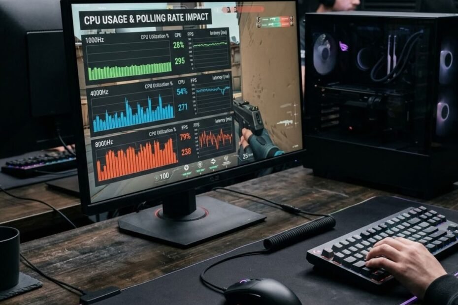 Gaming mouse connected to a PC monitor displaying polling rate settings and CPU usage graphs during an FPS game