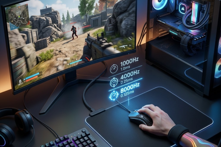 A gaming mouse connected to a PC displaying polling rate values and input latency measurements beside an FPS game aiming scene