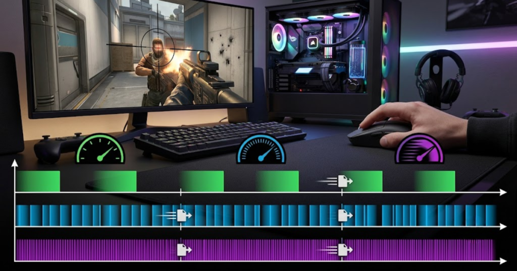 A comparison of mouse report intervals showing 1000Hz, 4000Hz, and 8000Hz update frequencies on a timeline