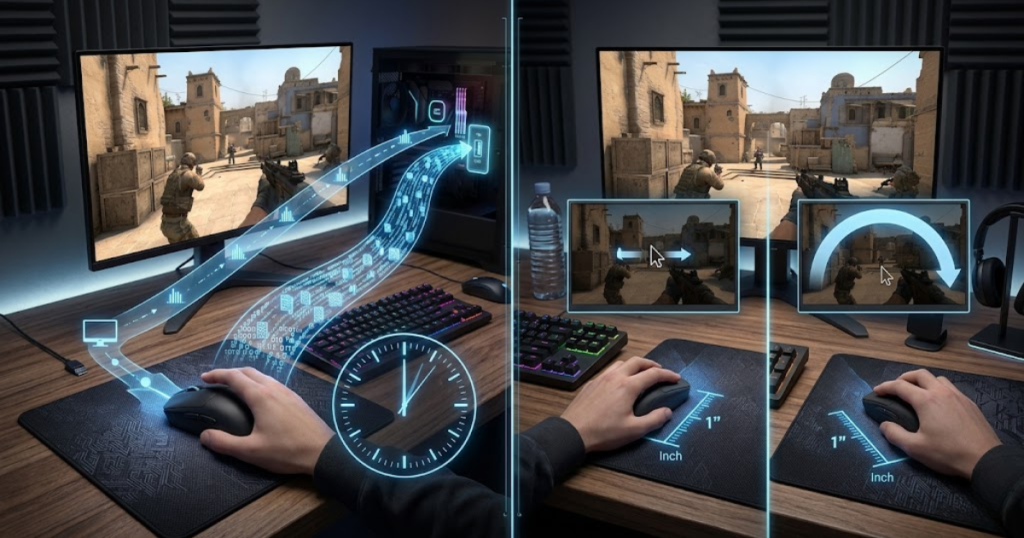 Gaming mouse illustration comparing communication frequency and cursor sensitivity concepts