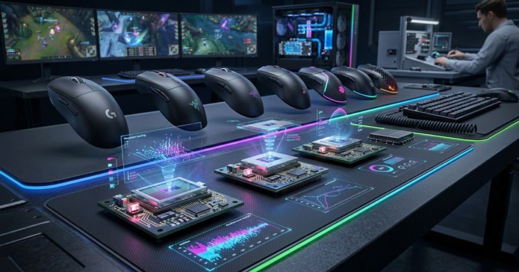 Gaming mouse sensor chip designs representing modern sensor platforms used in competitive gaming mice displayed alongside gaming mouse hardware.