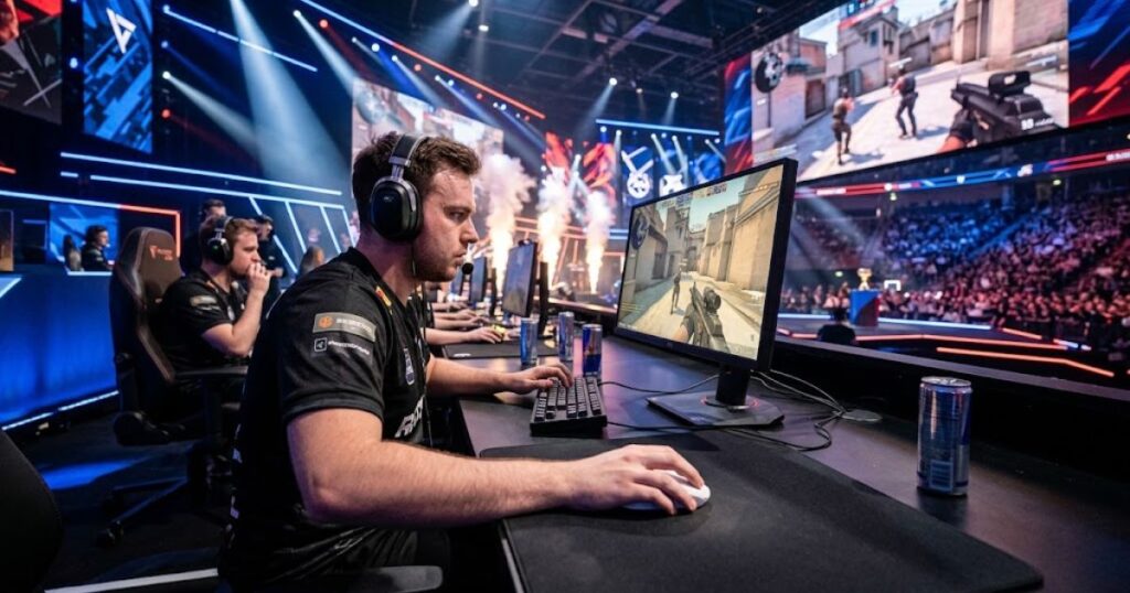 A professional esports player using a gaming mouse on a large mouse pad during a competitive FPS match.