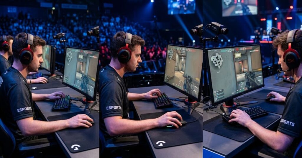 Three competitive FPS players using different mouse grip styles while playing at esports tournament setups.