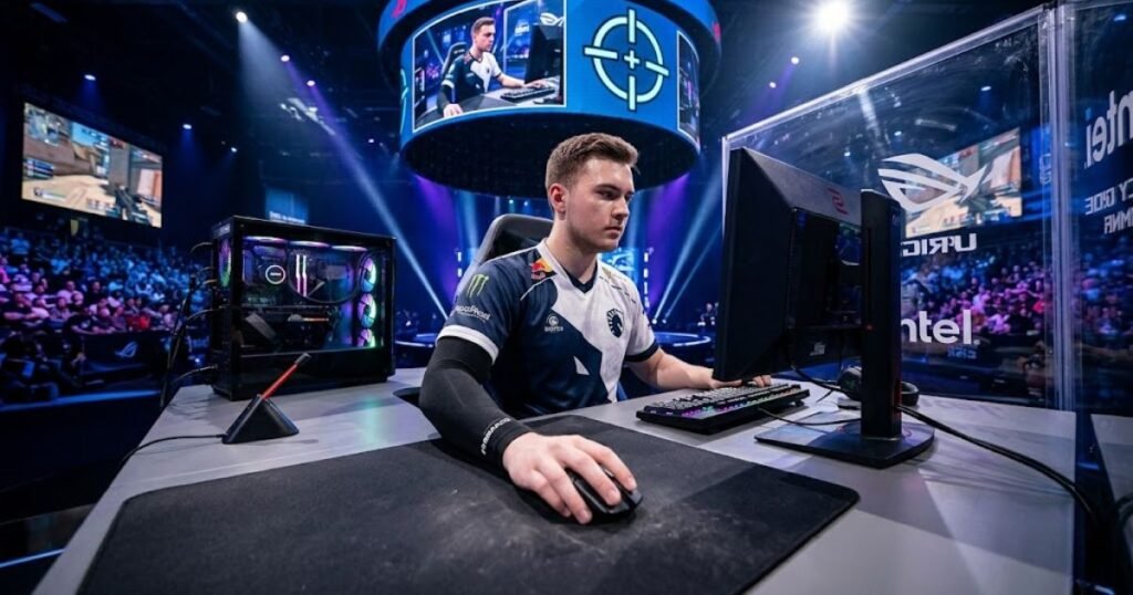 A professional FPS player using a gaming mouse on a large mouse pad during an esports competition.